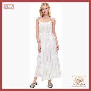 Striped Midi Dress Casual Chic Smocked Bodice Lightweight Poplin Fabric Elegant